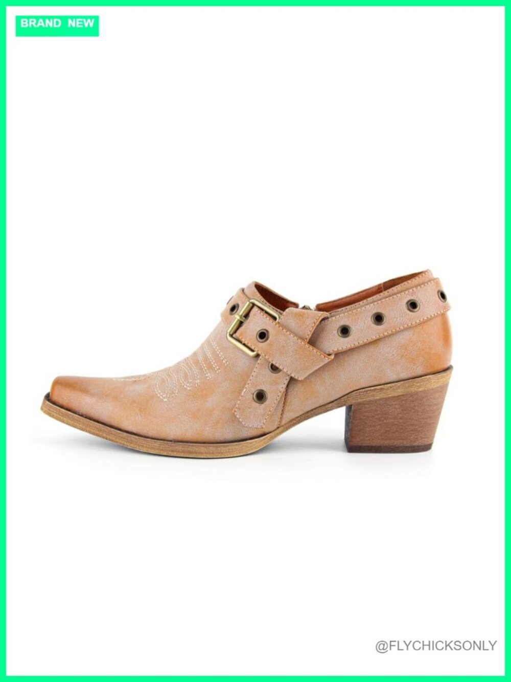 Western Ankle Boots Leather Buckle Strap Pointed Toe Block Heel Booties